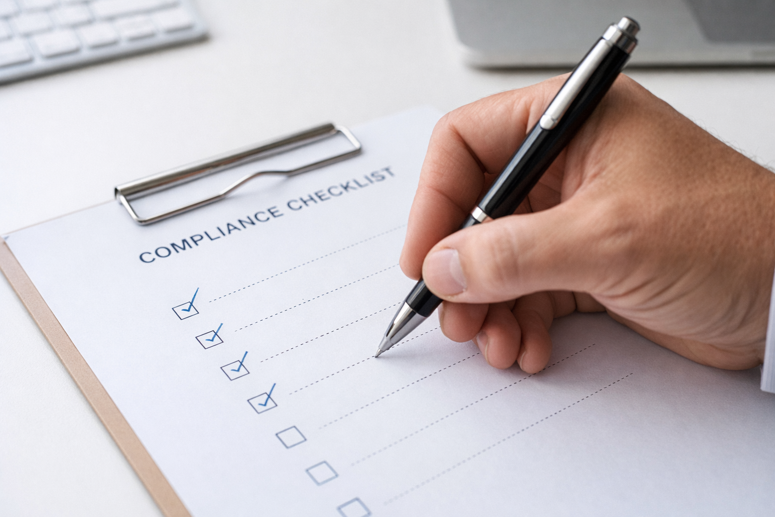 Hand checking off items on a compliance checklist