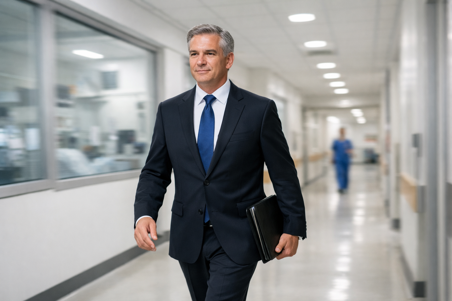 Executive walking through a modern medical facility
