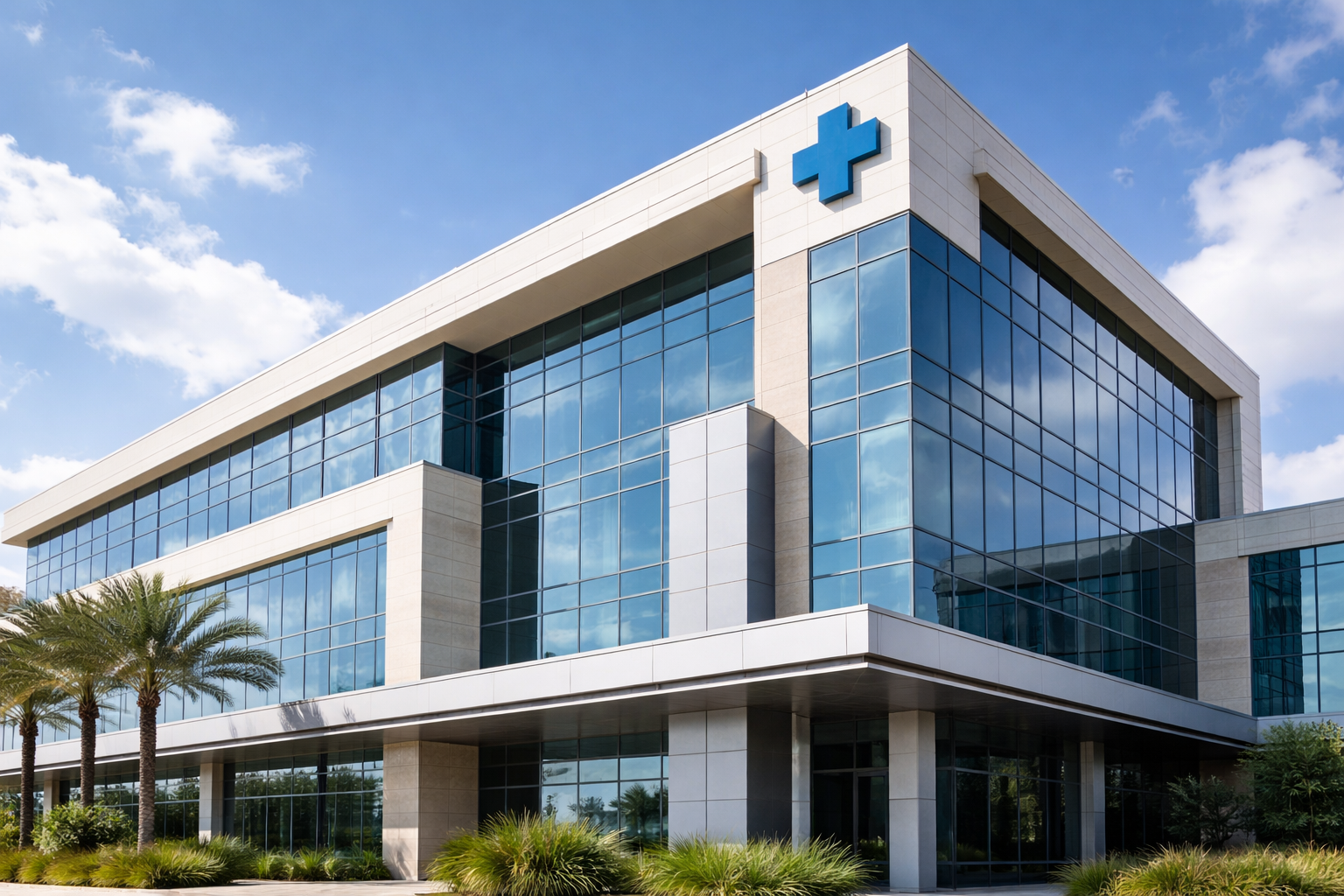 Modern medical office building against a blue sky