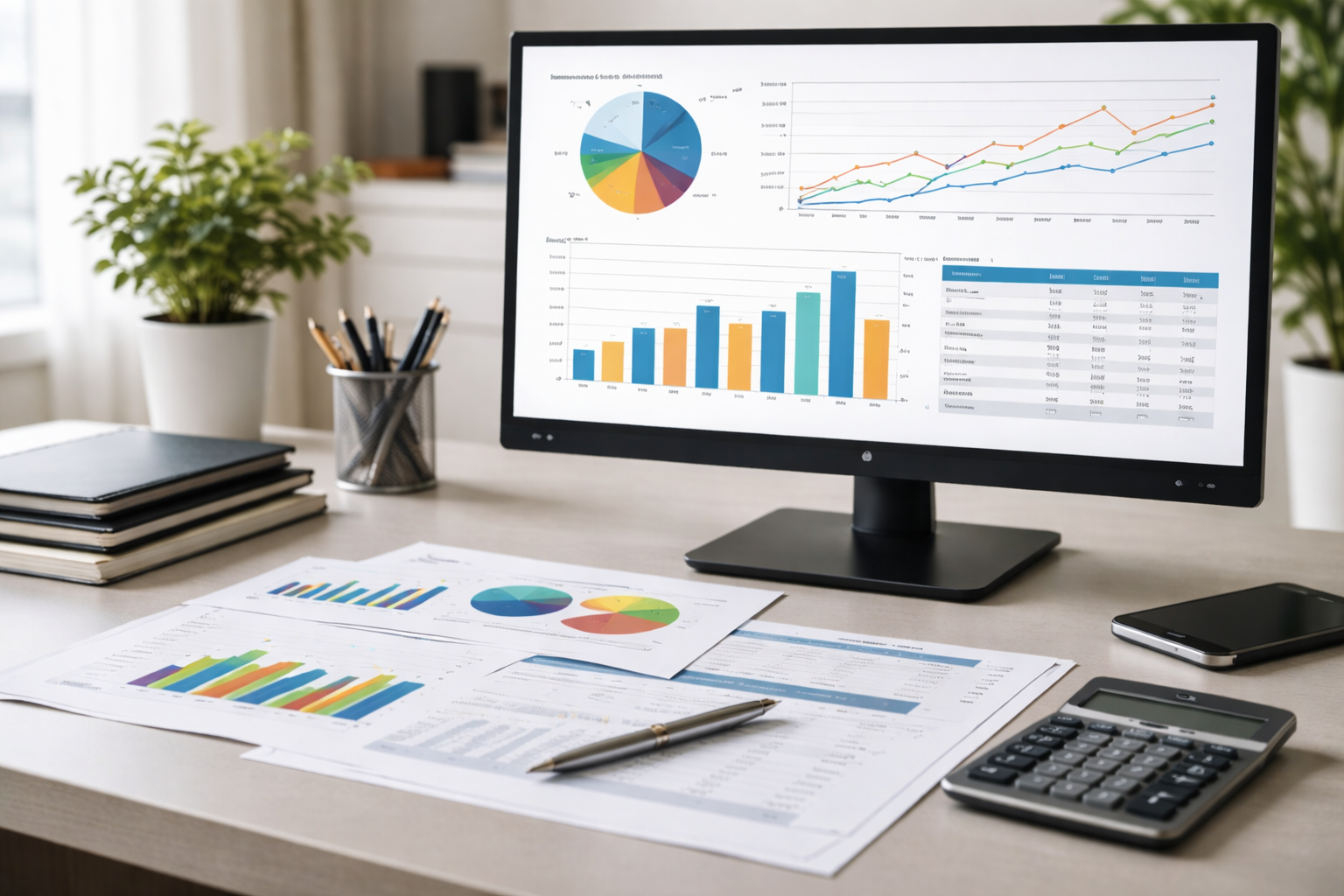 Financial charts on a computer monitor with printed reports