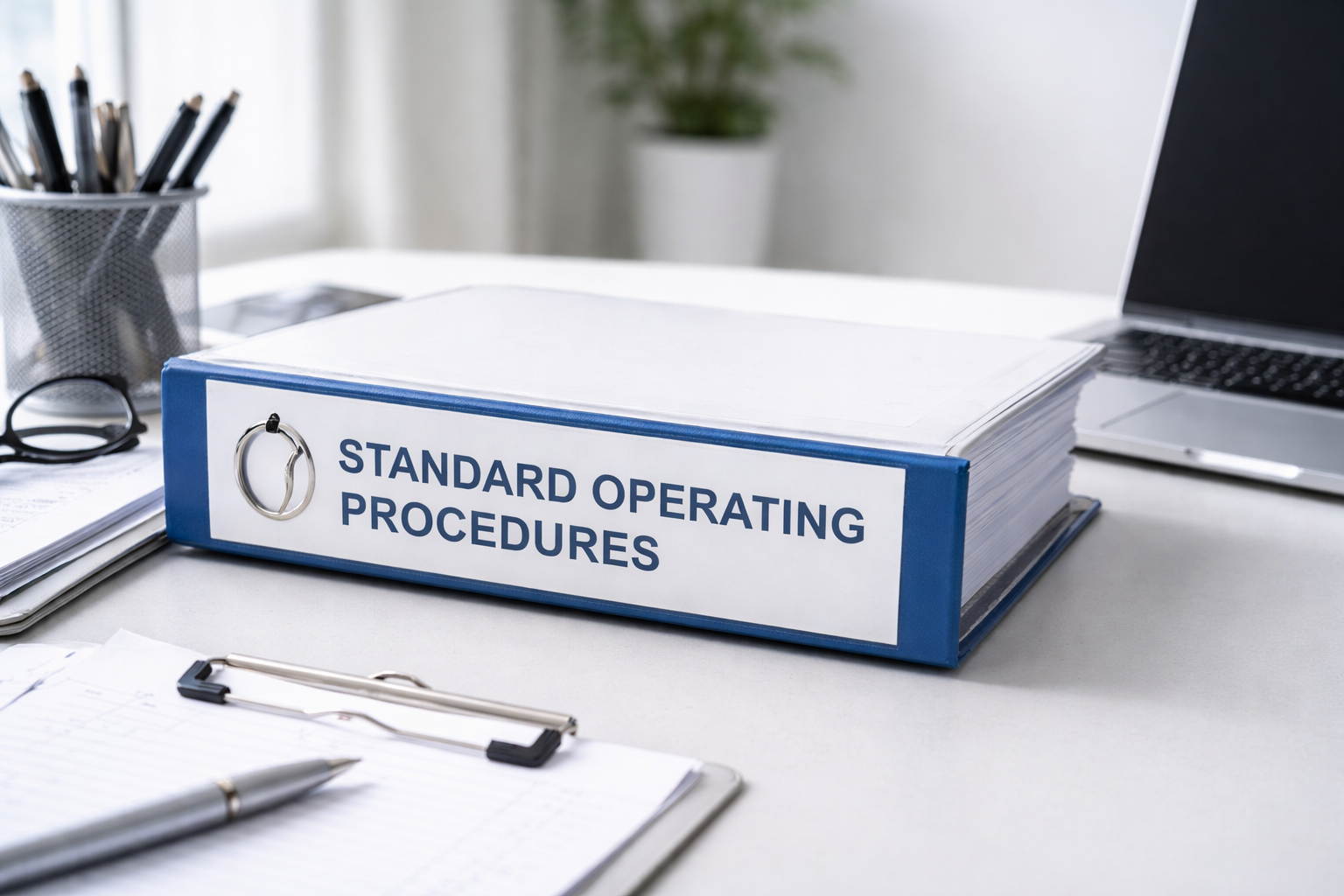 Standard Operating Procedures binder on a clean desk