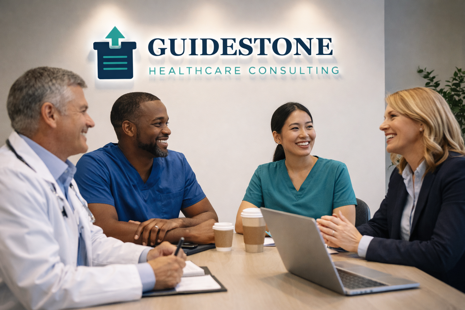 Diverse healthcare team engaged in positive discussion