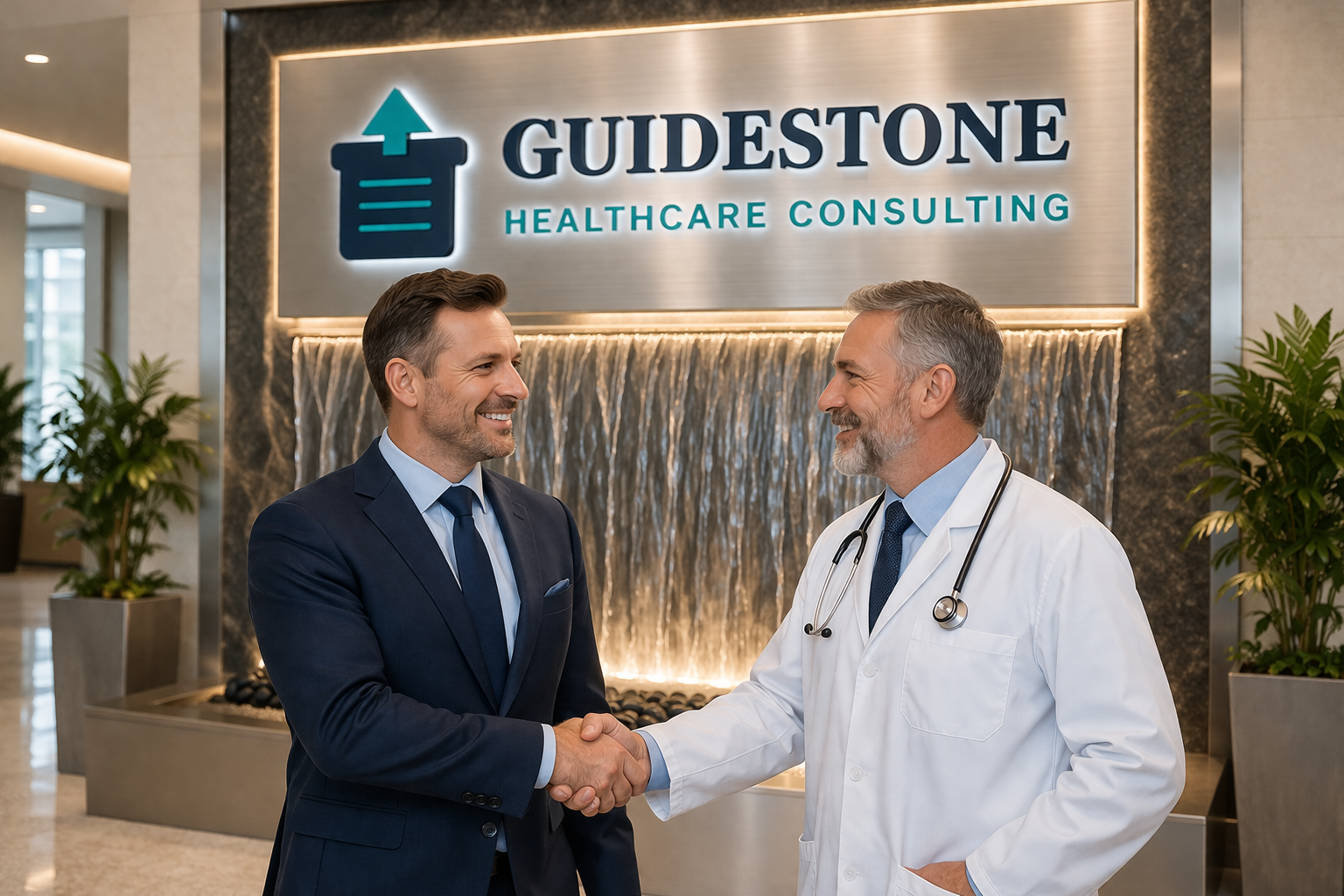 Healthcare consultant shaking hands with a physician in a modern medical office