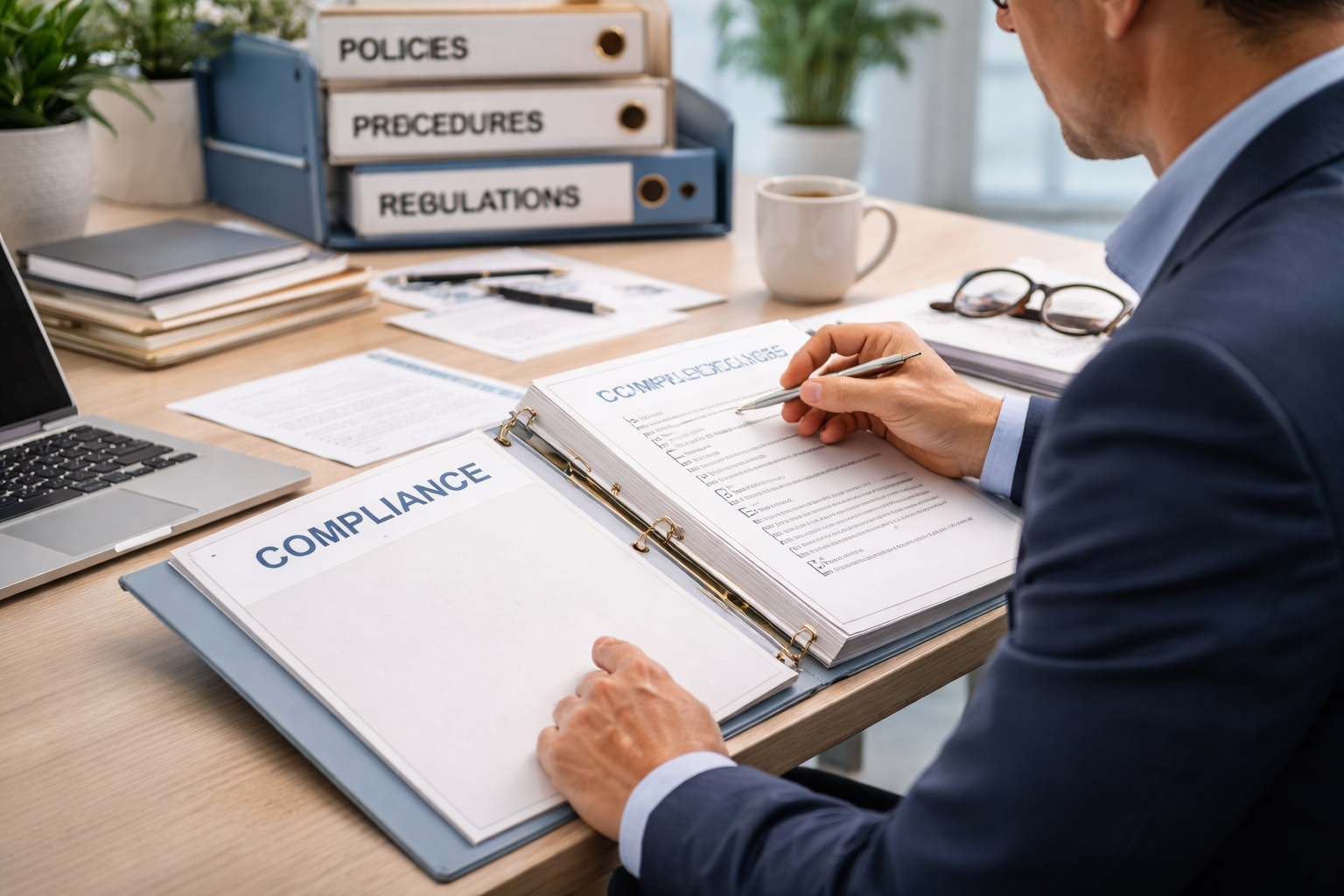 Professional reviewing compliance documents in a healthcare office