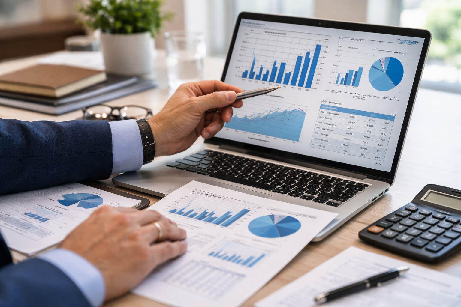 Financial charts and reports being reviewed on a desk