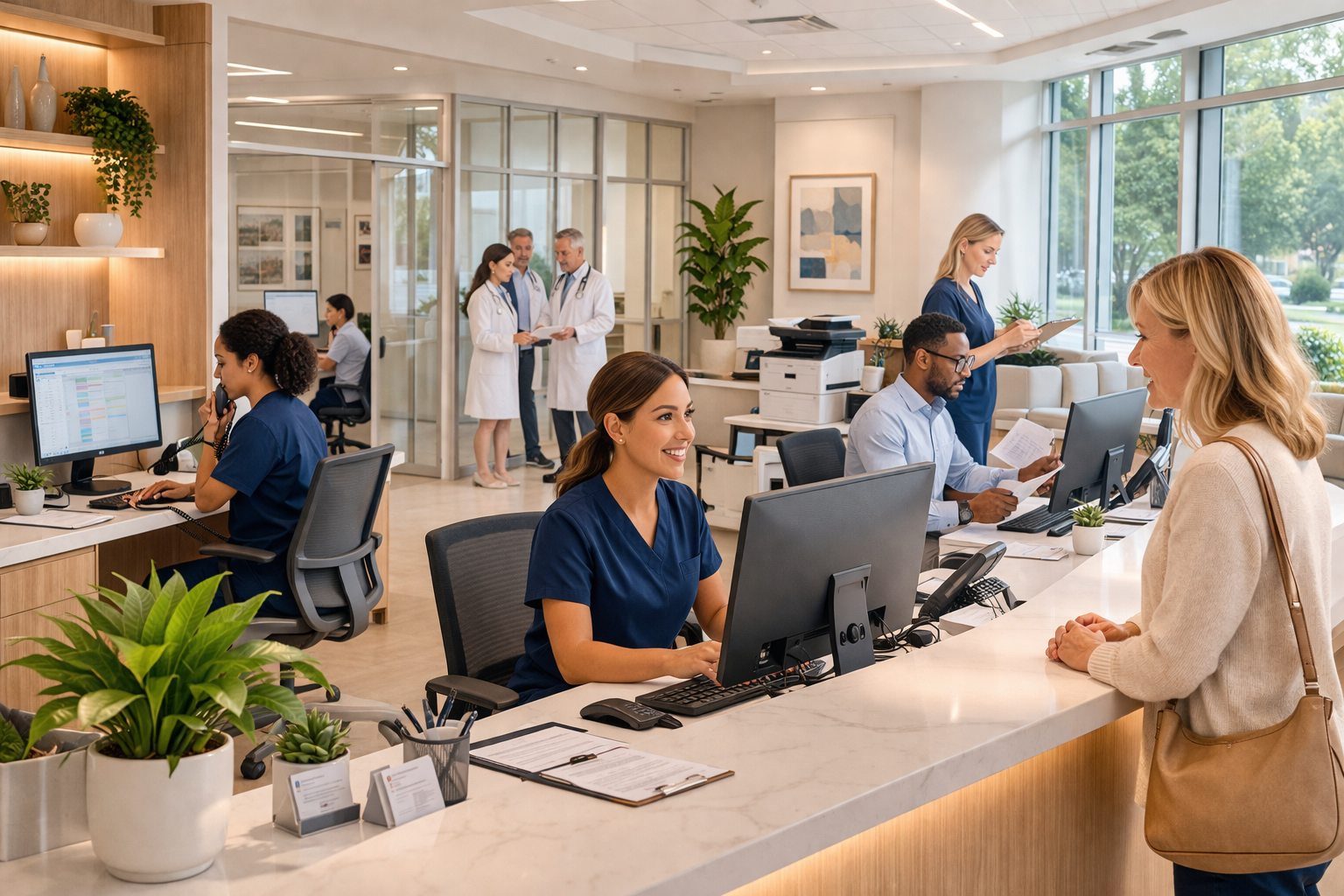 Modern medical office reception area with efficient workflow