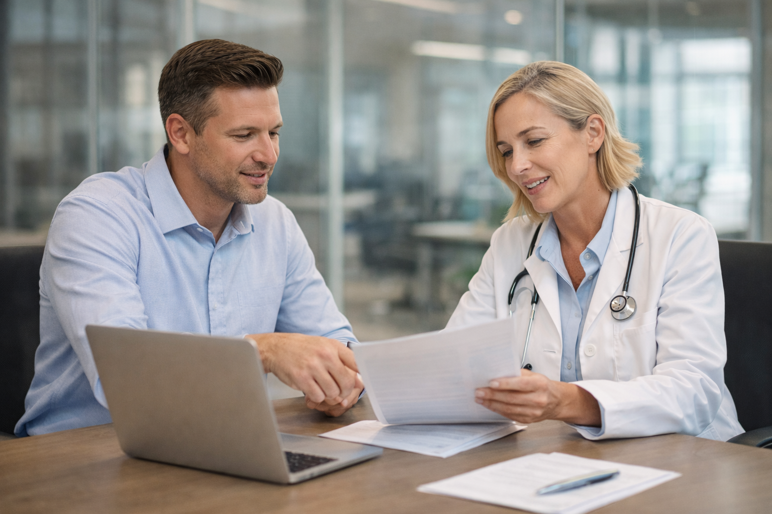 Business professional and physician collaborating on strategy at a conference table
