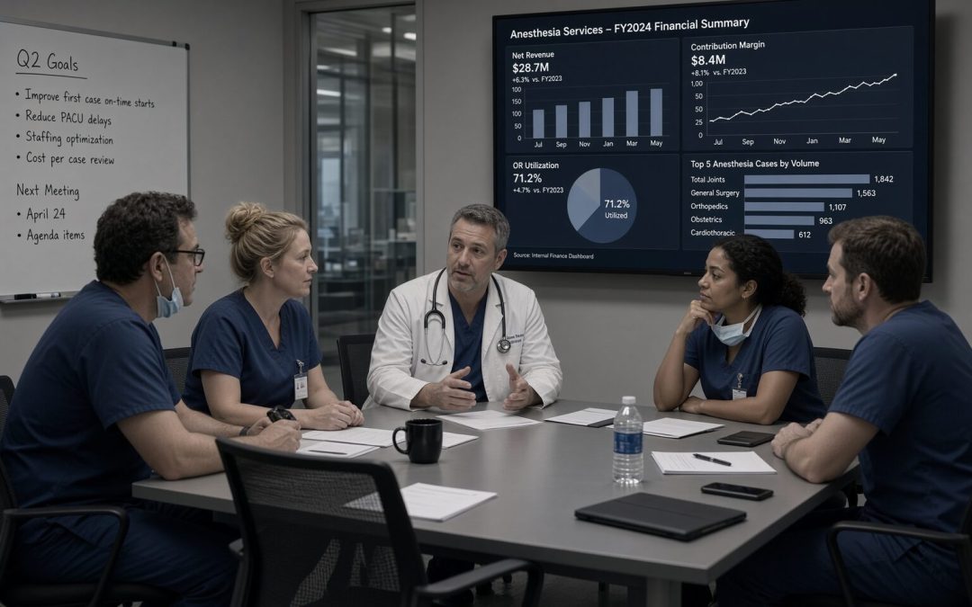 Anesthesia group reviewing a financial performance dashboard