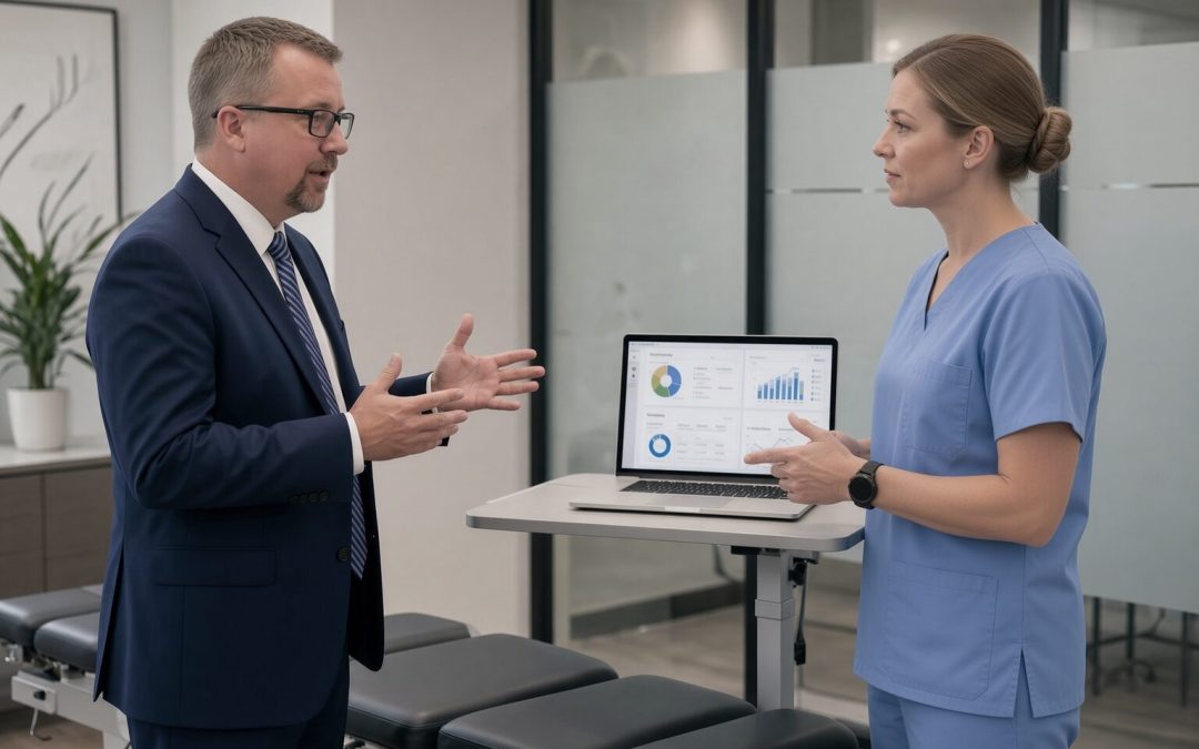 Business consultant reviewing performance dashboards with a chiropractic clinician