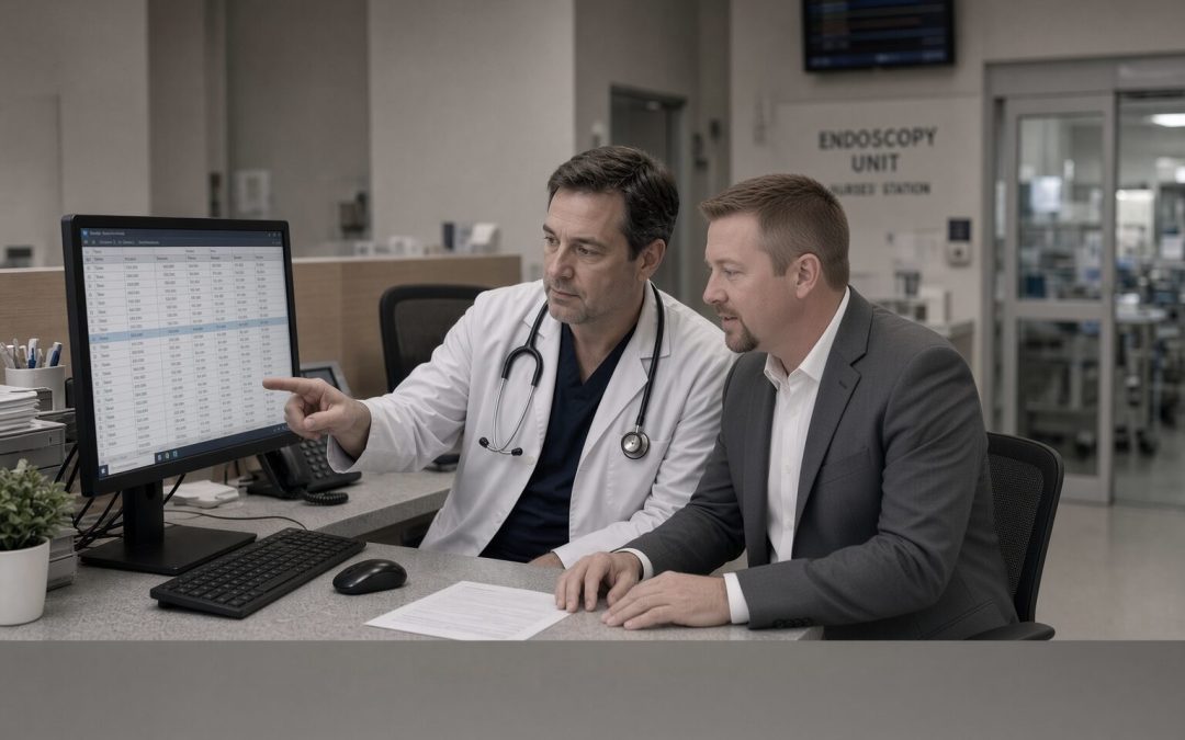 GI physician and consultant reviewing the endoscopy schedule at a nurses station