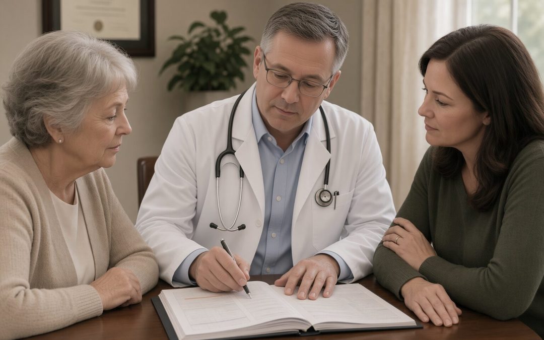Physician reviewing a dementia care plan with an elderly patient and her daughter