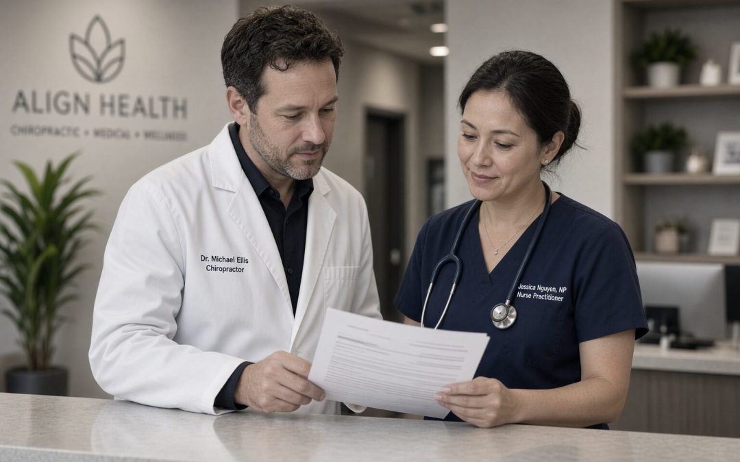 Chiropractor and nurse practitioner collaborating in an integrated clinic