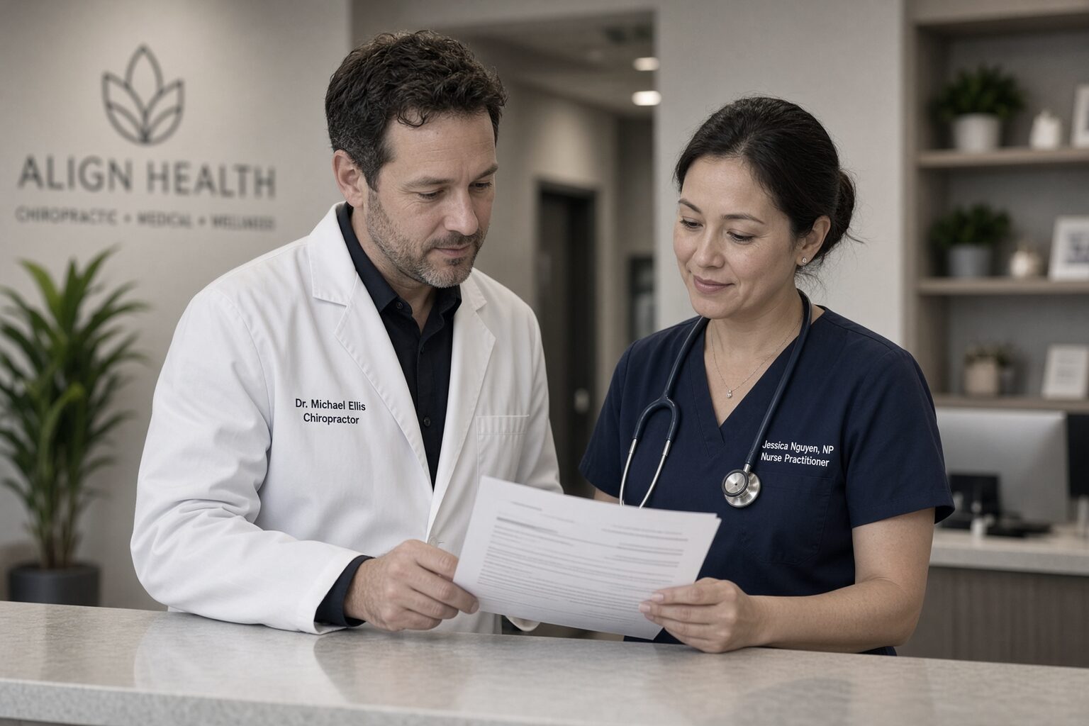 Chiropractor and nurse practitioner collaborating in an integrated clinic