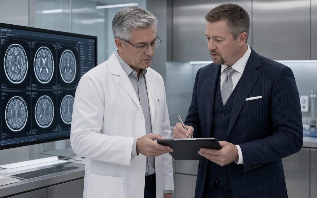 Neurologist and practice consultant reviewing brain imaging