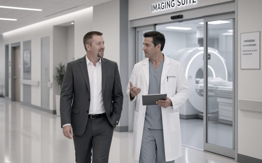 Practice consultant and physician walking past an imaging suite