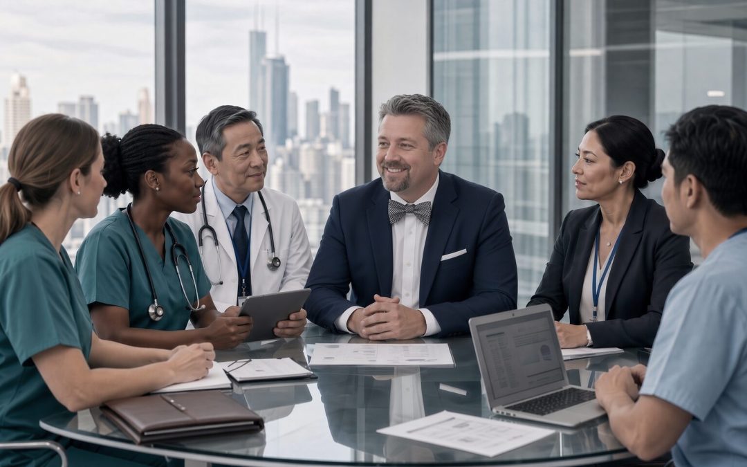 Business consultant meeting with physicians from multiple specialties