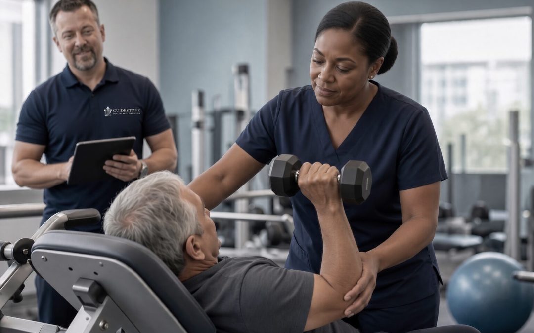 Physical therapist guiding a patient while a Guidestone consultant observes