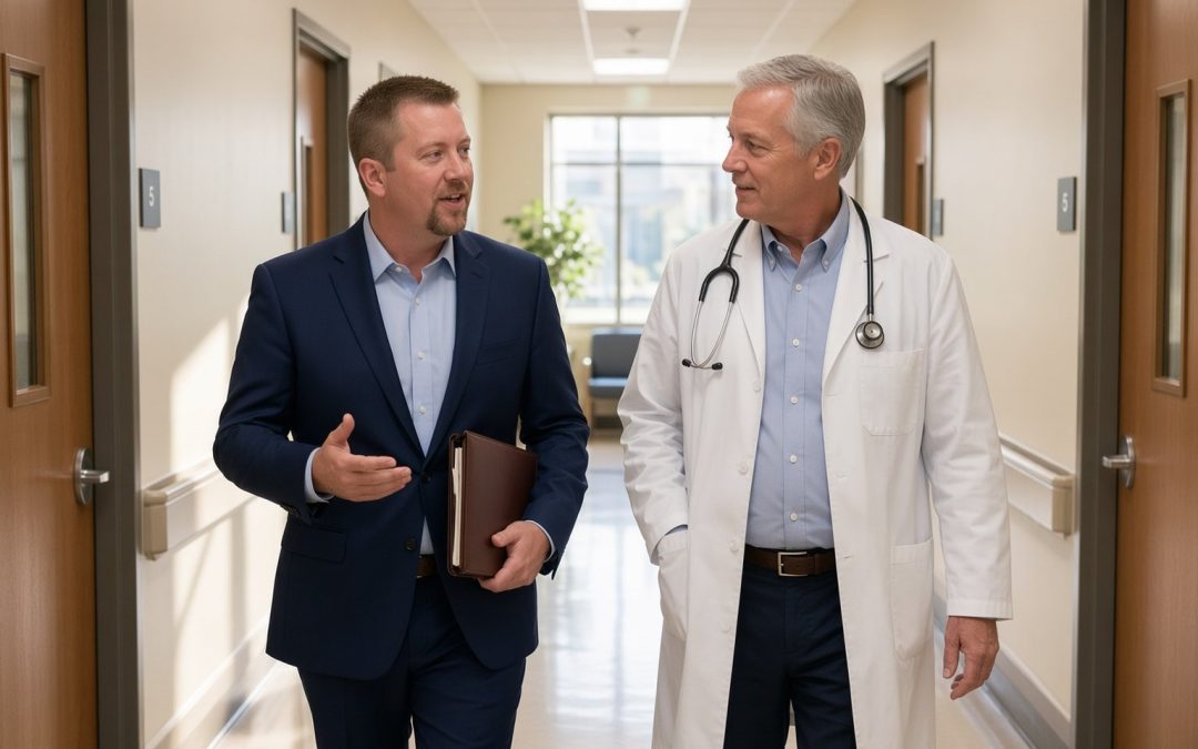 Guidestone fractional executive walking a clinic hallway with a physician